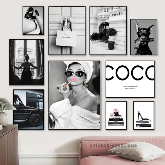 Black White Fashion Perfume Women Super Car Coco Quotes Poster Luxury Canvas Painting Wall Art Pictures Modern Room Home Decor (Copy) - Timeless Vases