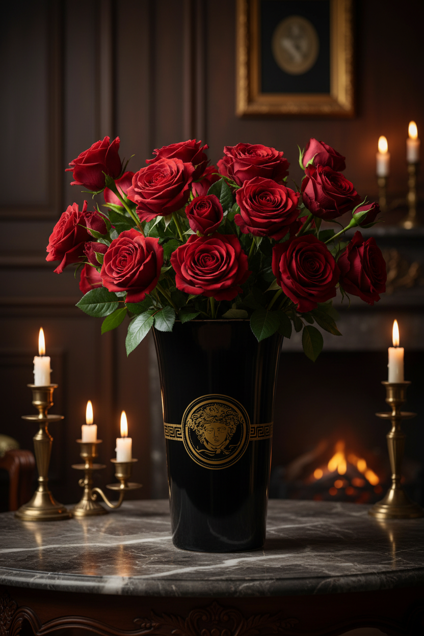 Vase Eleganza Nero roses rouges décor